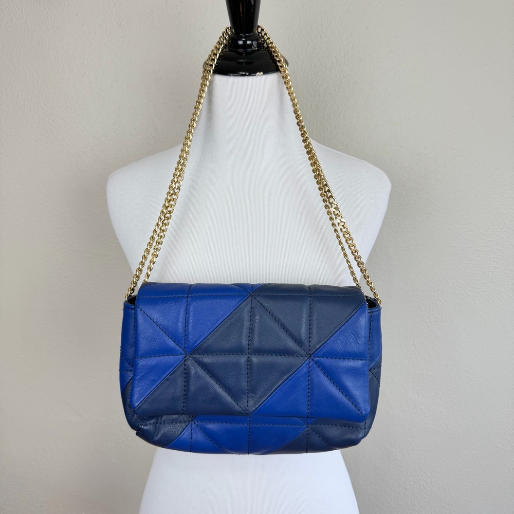 J McLaughlin Quilted Leather Chain Purse Bag Navy Blue Gold Chain Convertible